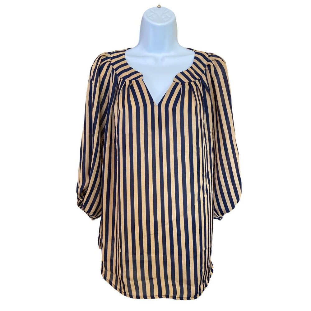 Ezra Stripe Blouse L Beige Navy Vertical Business Casual Nautical Chic Lagenlook
